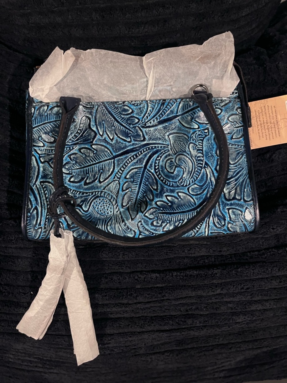 Blue Embossed Floral Leather Tote - Picture 2 of 11